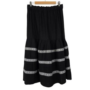 NWT 4OUR DREAMERS Women's Black Linen Blend Embroidered Tiered Skirt Black Sz XL